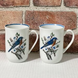 VINTAGE Blue Bird Coffee Mug 12 oz White Lot of 2 Porcelain Bird Watching Nature